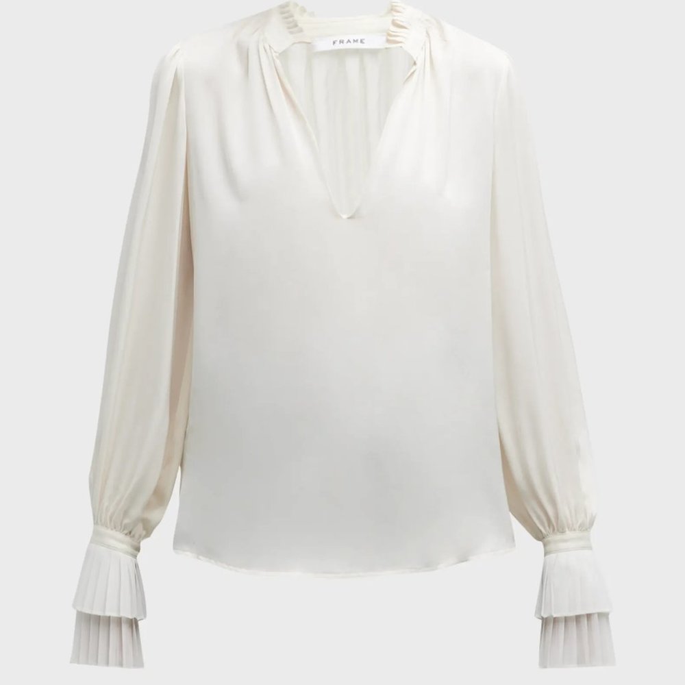 NWT FRAME V-Neck Pleated Cuff Top L